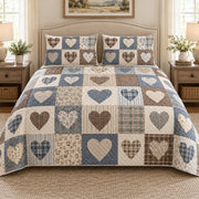 Rustic neutral patchwork heart quilt set, view 1, AI-generated product mockup