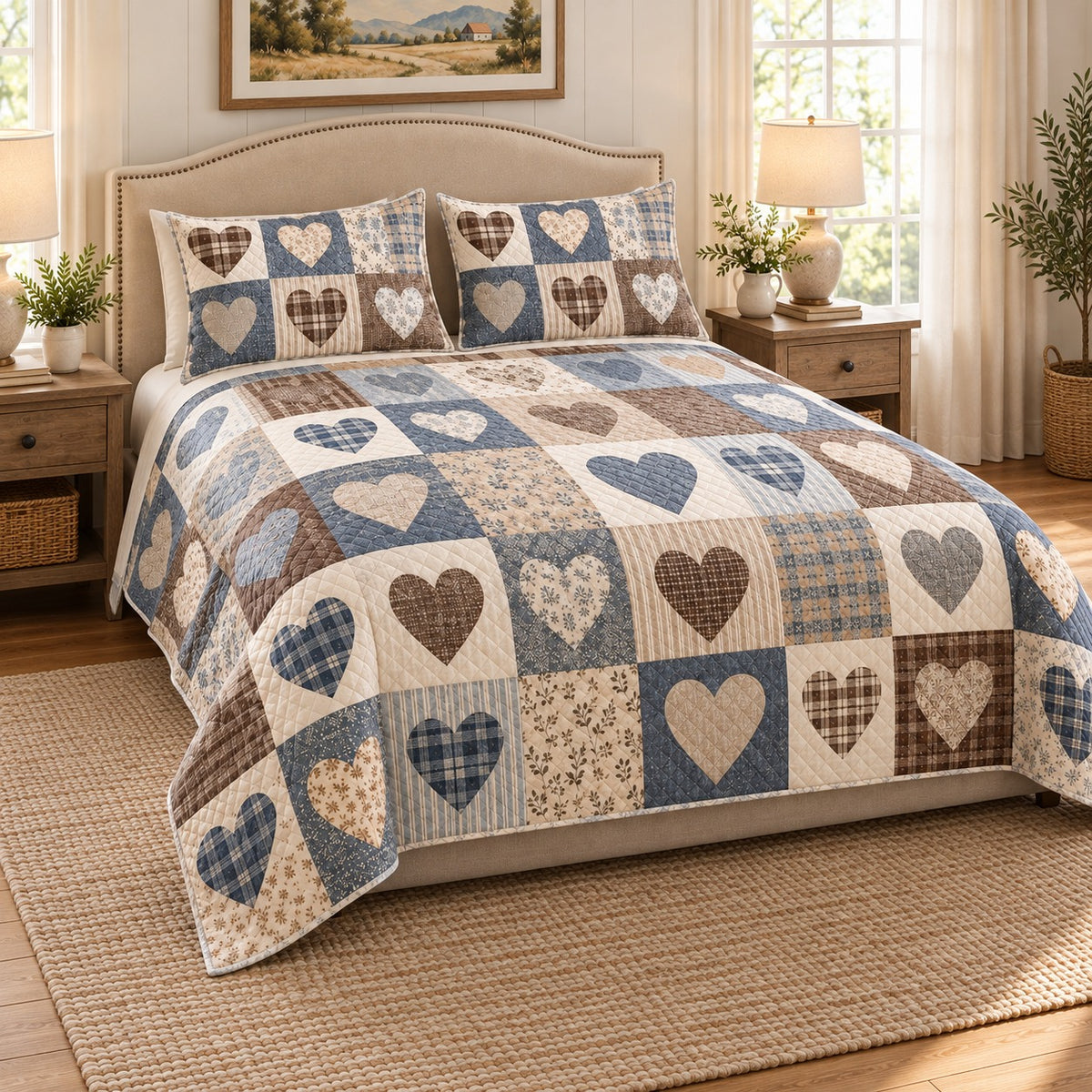 Rustic neutral patchwork heart quilt set, view 2, AI-generated product mockup