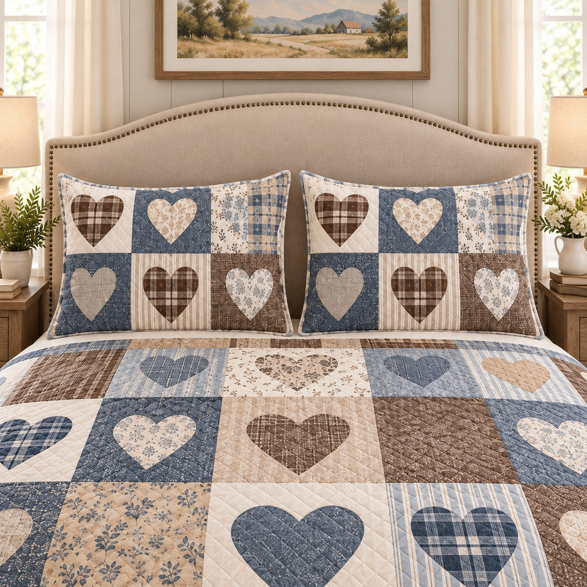 Rustic neutral patchwork heart quilt set, view 3, AI-generated product mockup