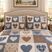 Rustic neutral patchwork heart quilt set, view 3, AI-generated product mockup