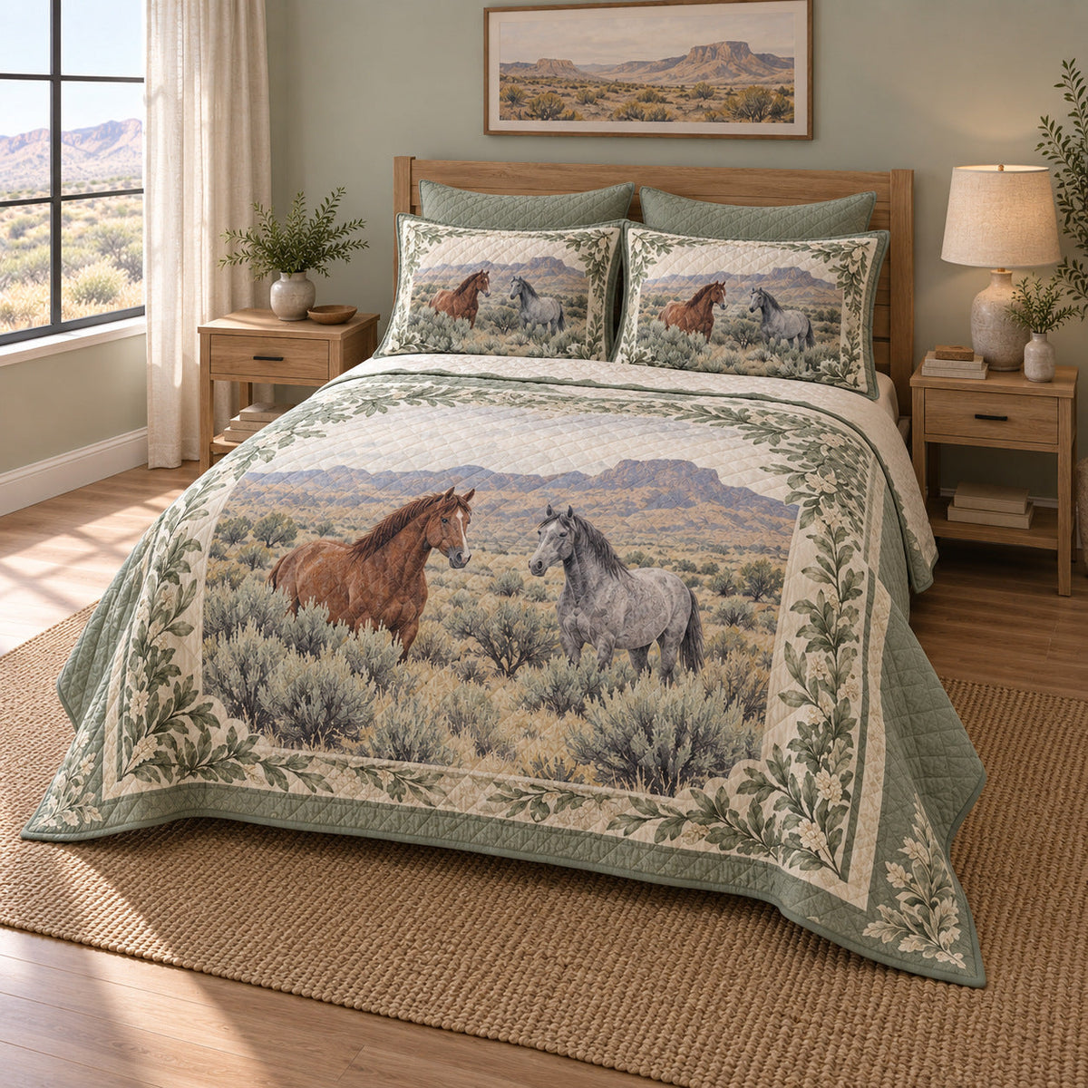 Sage Desert Ranch Horse Western Ranch Quilt Set, angled horse western ranch bedroom view