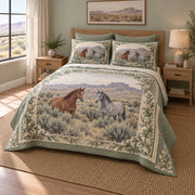 Sage Desert Ranch Horse Western Ranch Quilt Set, angled horse western ranch bedroom view