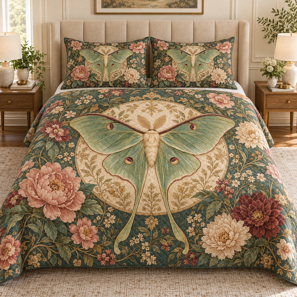 Sage green luna moth floral quilt set, view 1, AI-generated product mockup