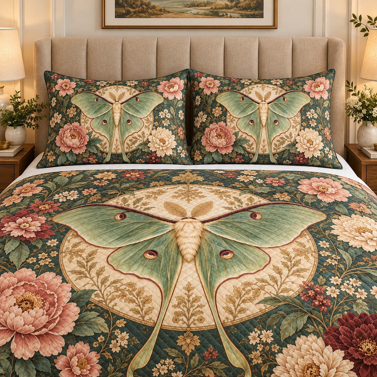 Sage green luna moth floral quilt set, view 2, AI-generated product mockup