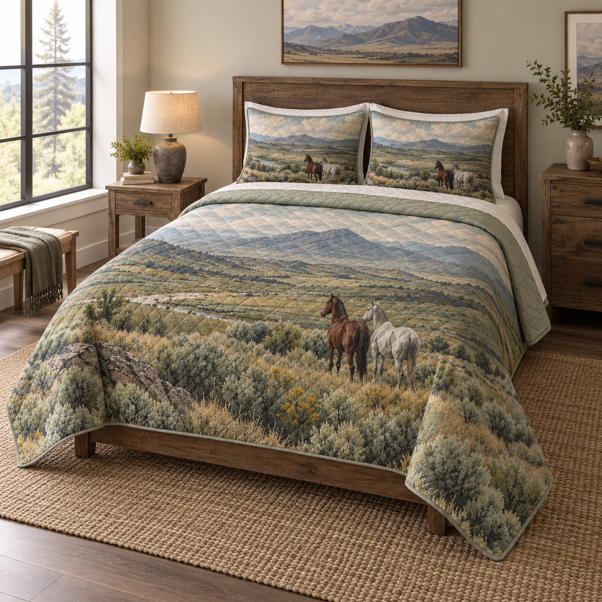 Sage Open Range Horse Open Landscape Quilt Set, angled horse open landscape bedroom view