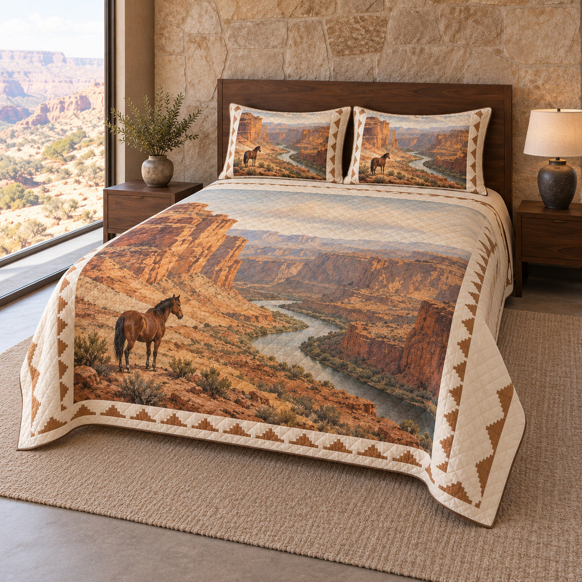 Sandstone Canyon Horse Western Ranch Quilt Set, angled horse western ranch bedroom view