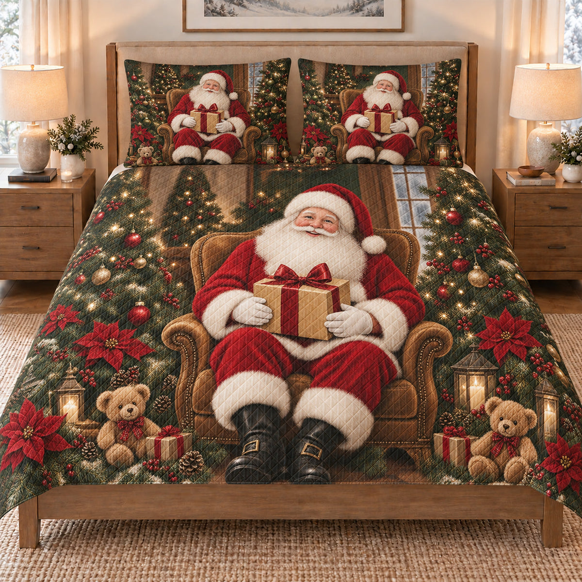 Santa Claus Christmas quilt set displayed on a bed with coordinating pillow shams