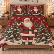 Standing Santa Christmas Tree quilt set displayed on a bed with coordinating pillow shams
