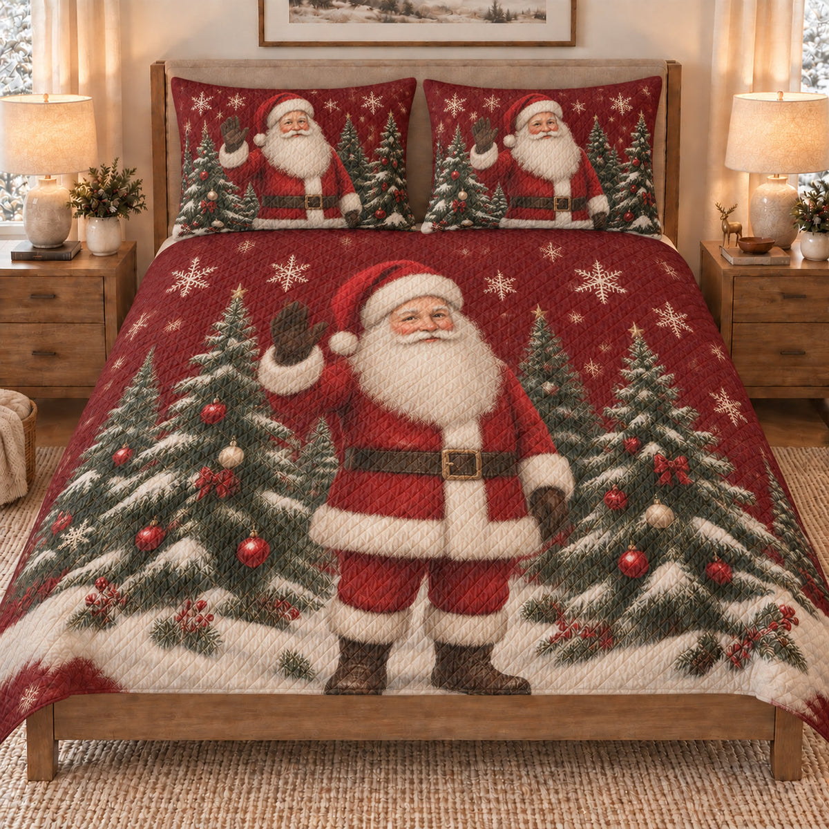 Standing Santa Christmas Tree quilt set displayed on a bed with coordinating pillow shams