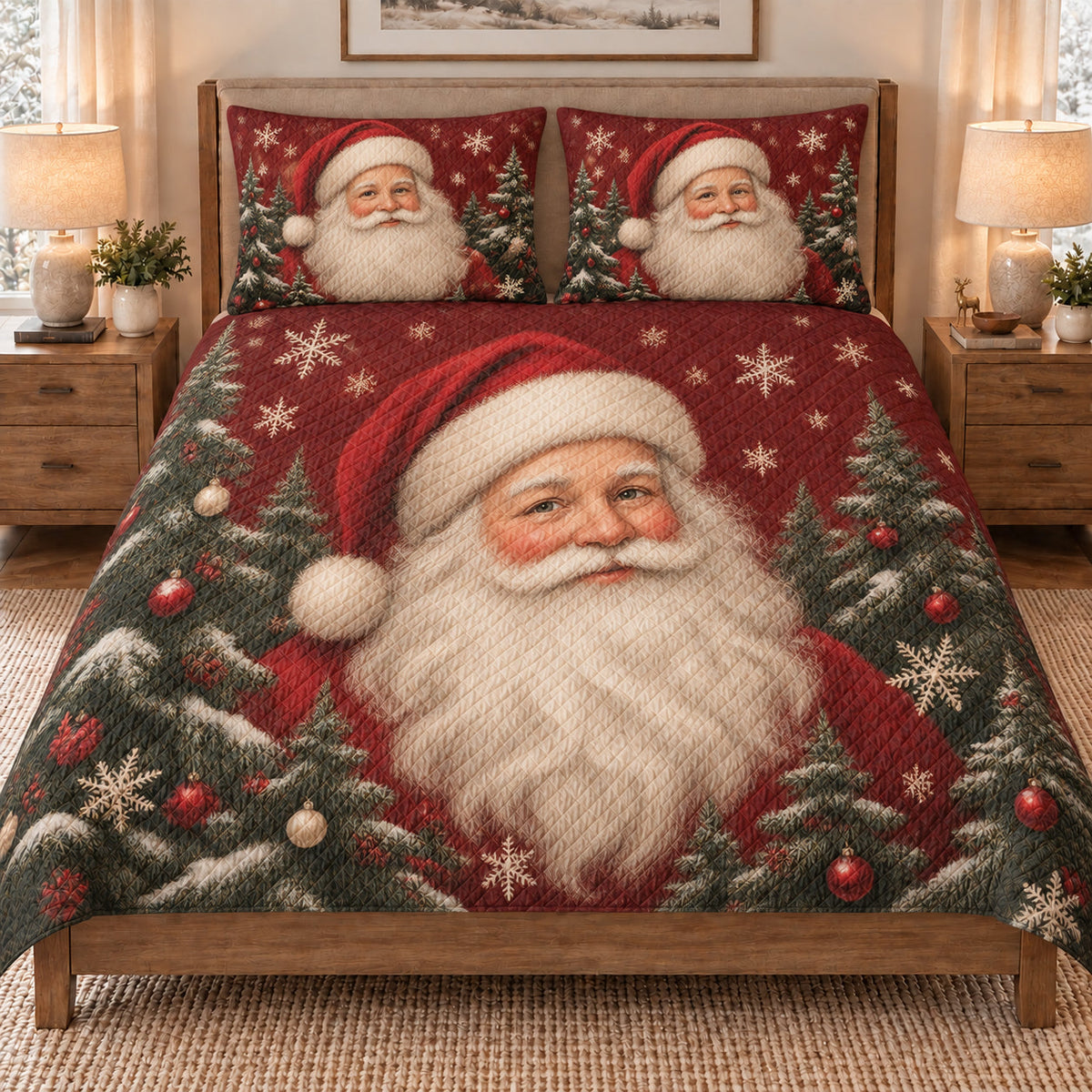 Santa Claus Portrait Christmas Tree quilt set displayed on a bed with coordinating pillow shams