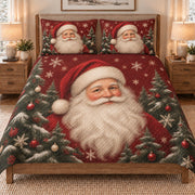 Santa Claus Portrait Christmas Tree quilt set displayed on a bed with coordinating pillow shams