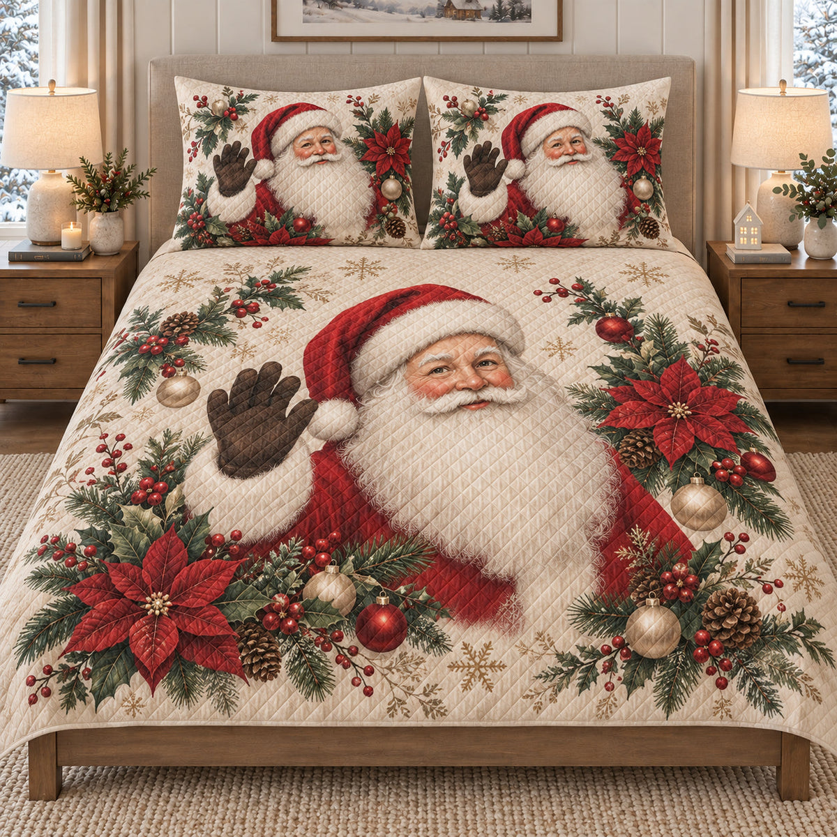 Santa Claus Poinsettia Christmas quilt set displayed on a bed with coordinating pillow shams