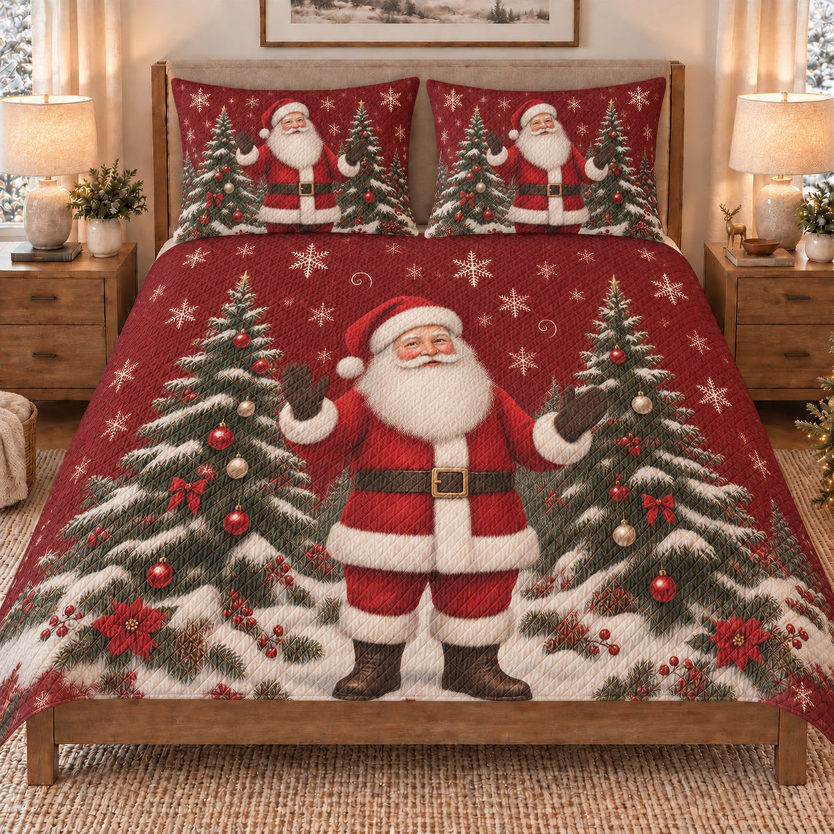 Santa Claus Snowy Christmas quilt set displayed on a bed with coordinating pillow shams