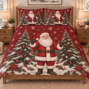 Santa Claus Snowy Christmas quilt set displayed on a bed with coordinating pillow shams