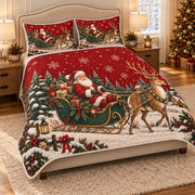 AI mockup, angled view of the Santa sleigh and reindeer quilt set with matching pillow covers.