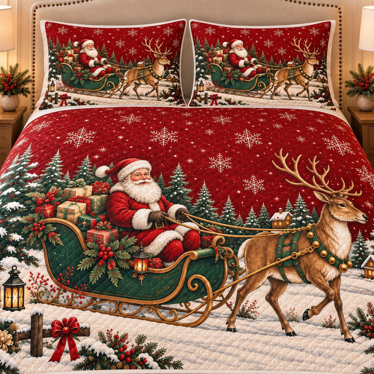 AI mockup, closer front view of Santa, the green sleigh, reindeer and diamond quilting.