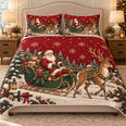 Santa Sleigh Quilt Set, Vintage Red Christmas Reindeer Bedding, Gift for Holiday Lovers