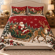 AI mockup, front hero view of Santa in a green sleigh and a reindeer on a red Christmas quilt set.