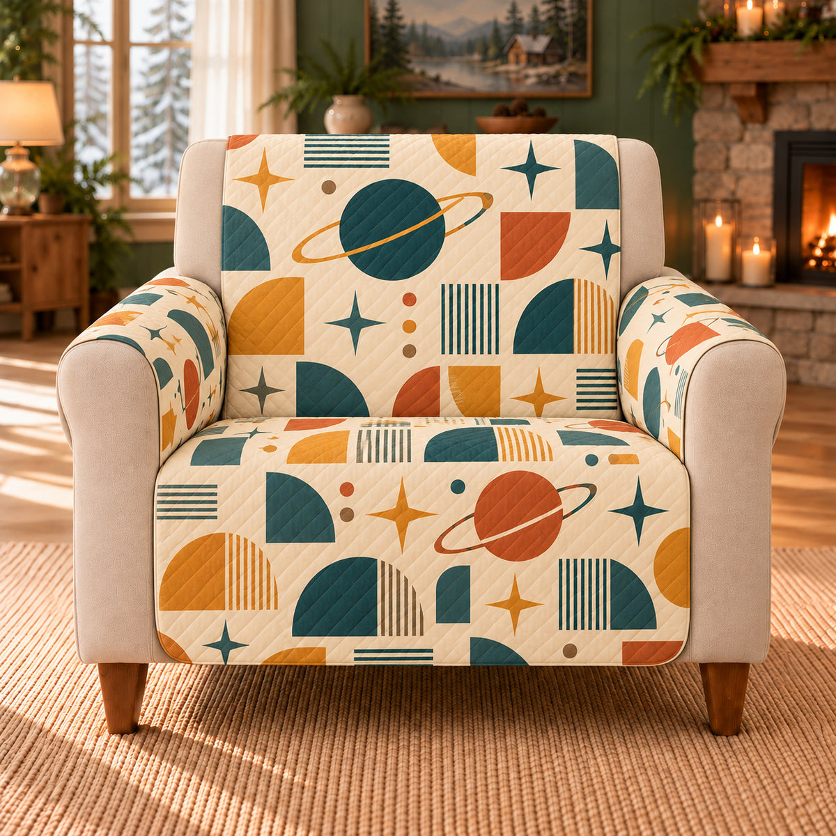 Satellite Block Repeat sofa cover on a beige armchair