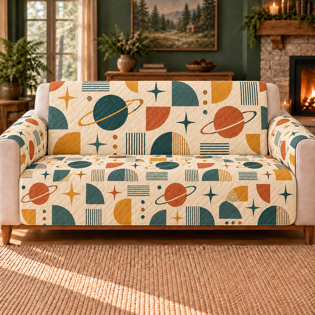 Satellite Block Repeat sofa cover on a beige sofa