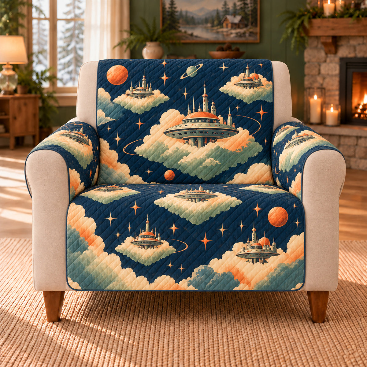Saucer Cloud Islands sofa cover on a beige armchair