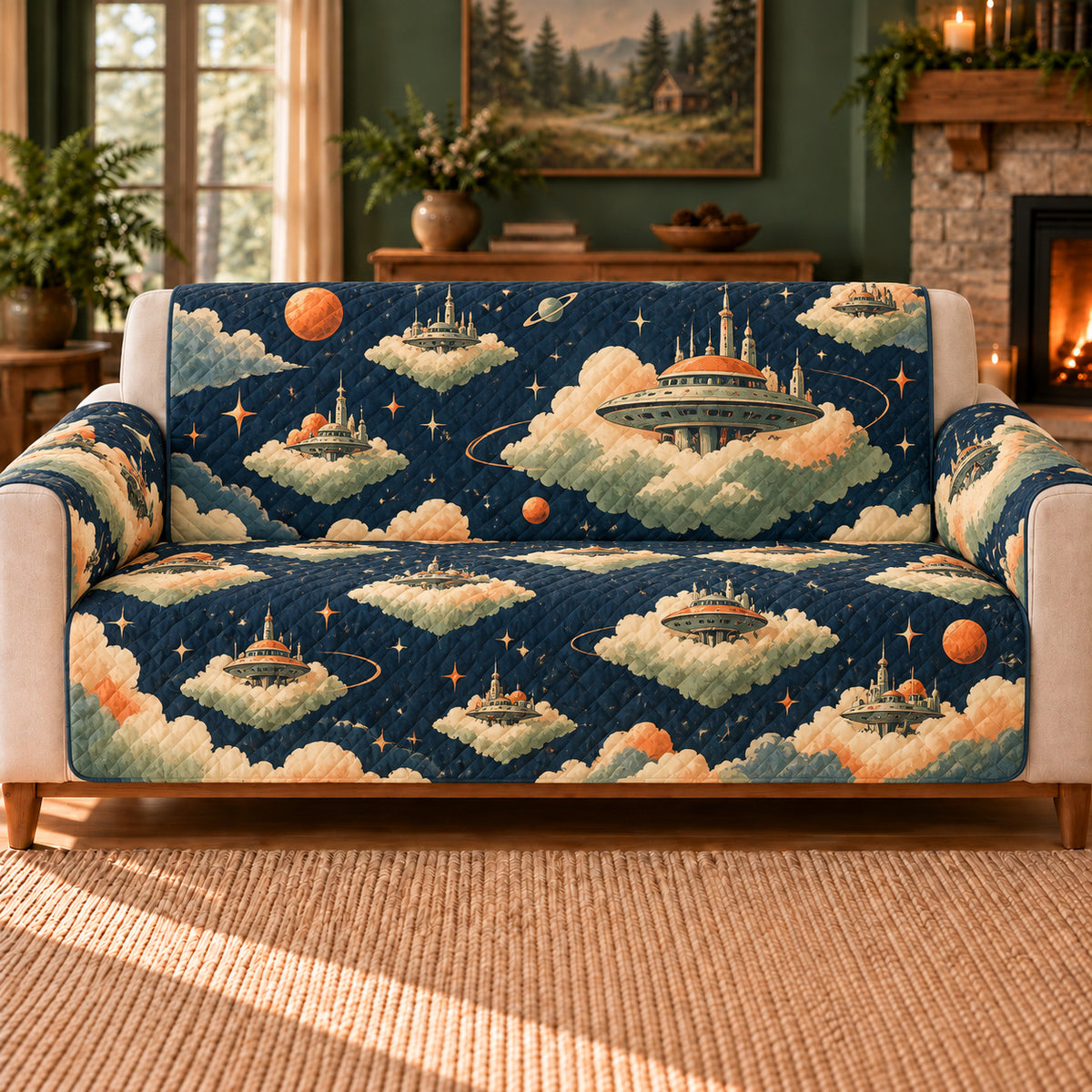 Saucer Cloud Islands sofa cover on a beige sofa