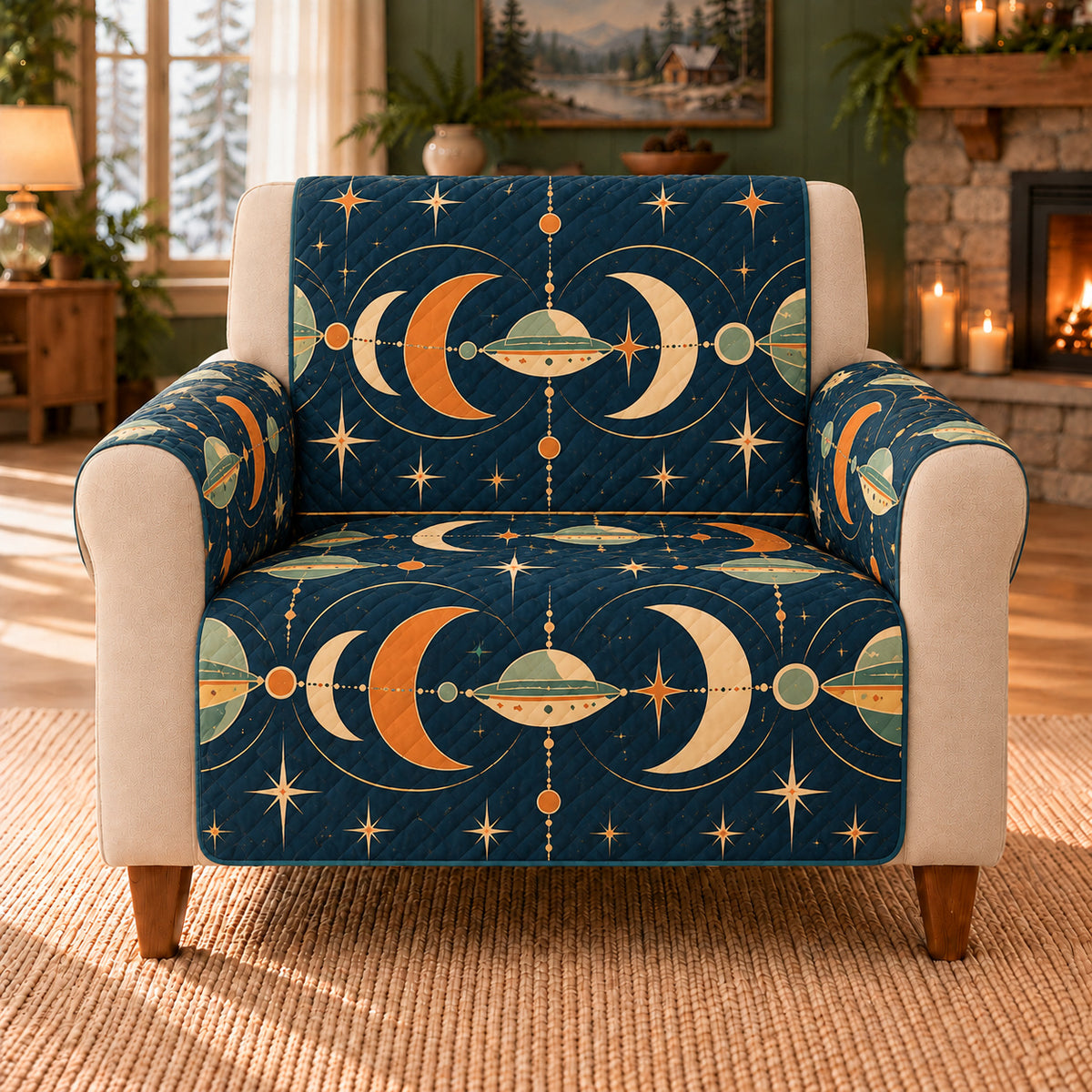 Saucer Crescent Chain sofa cover on a beige armchair