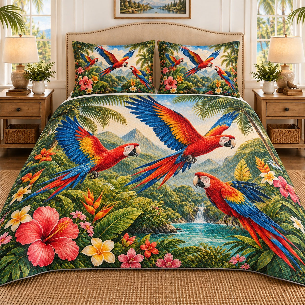 Scarlet macaw rainforest floral quilt set, view 1, AI-generated product mockup