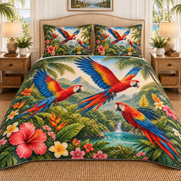 Scarlet Macaw Rainforest Quilt Set, Tropical Gift for Parrot Lovers