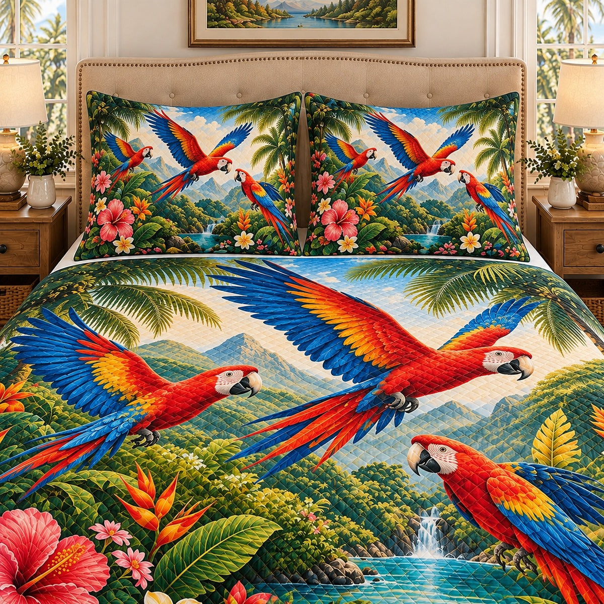 Scarlet macaw rainforest floral quilt set, view 2, AI-generated product mockup