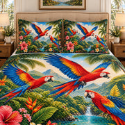 Scarlet macaw rainforest floral quilt set, view 2, AI-generated product mockup