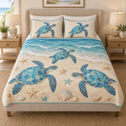 Sea Turtle Beach Coastal quilt design with coordinating pillow shams