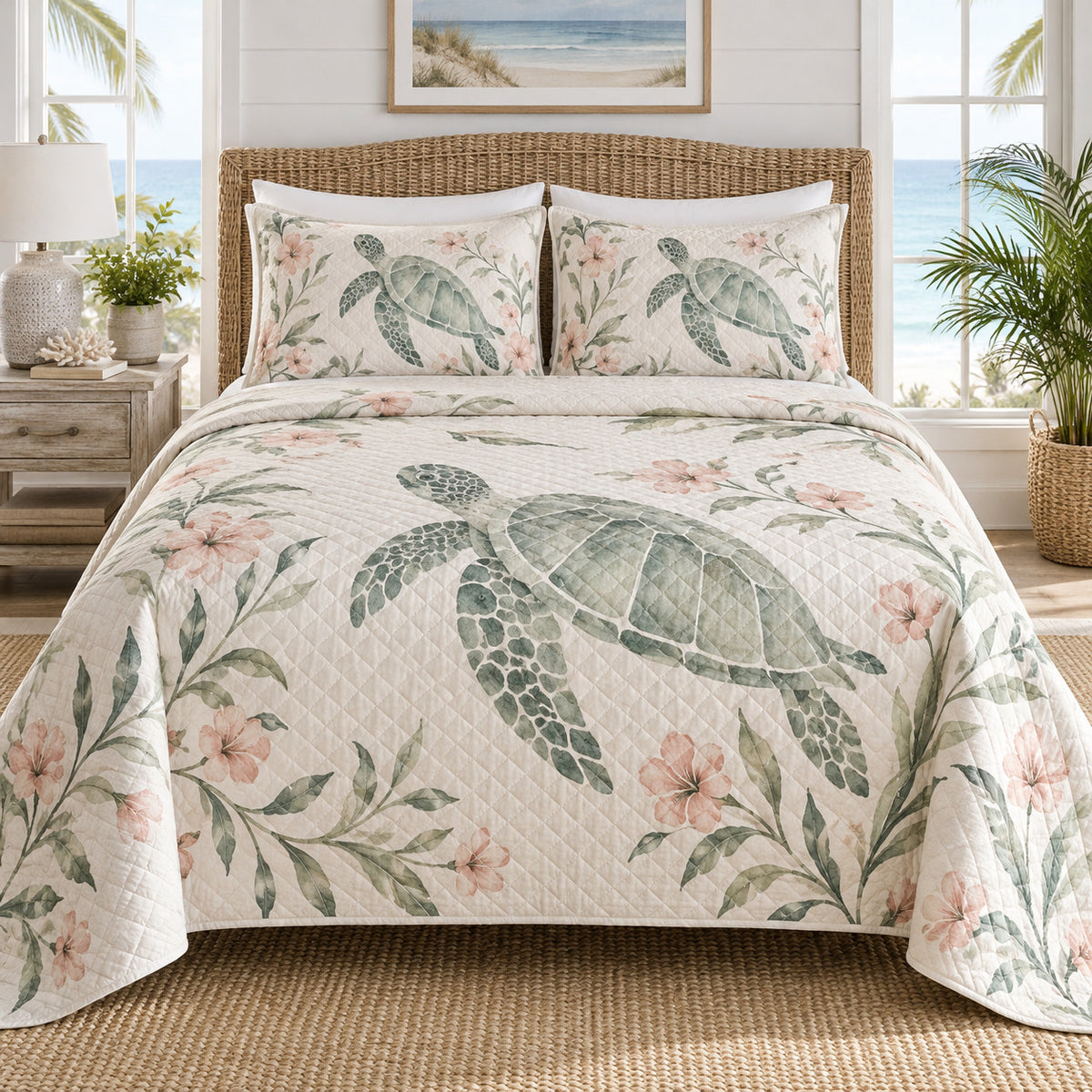 Blush Bloom Sea Turtle Quilt Set front view