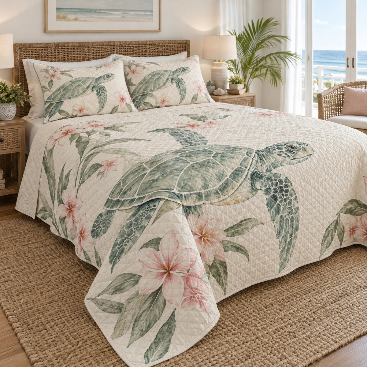 Blush Bloom Sea Turtle Quilt Set left angle