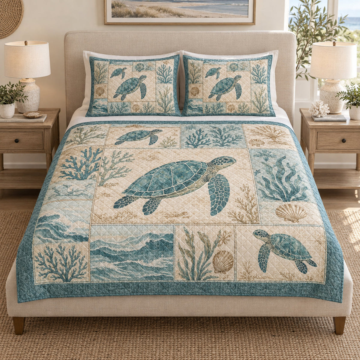 Sea Turtle Coastal Patchwork quilt design with coordinating pillow shams