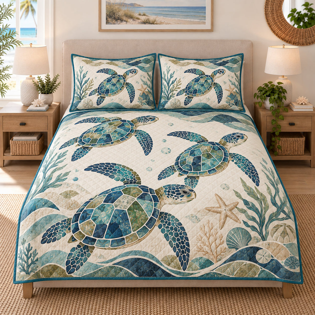 Sea Turtle Coastal Wave quilt design with coordinating pillow shams