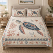 Sea Turtle Coral Coastal quilt design with coordinating pillow shams