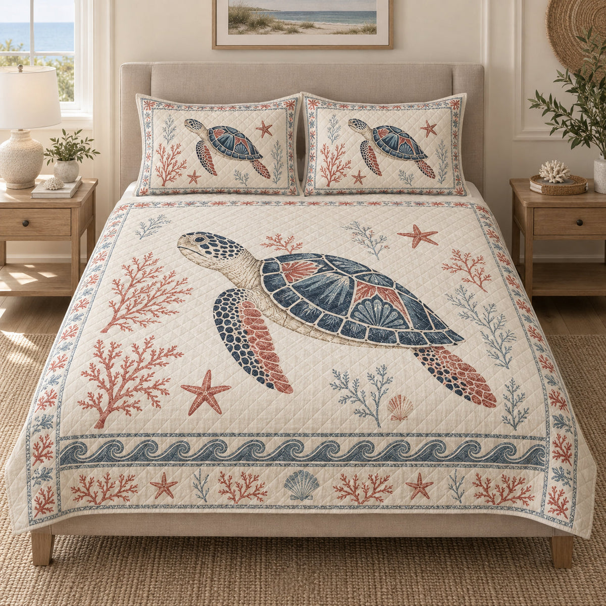 Sea Turtle Coral Coastal quilt design with coordinating pillow shams