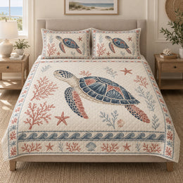 Sea Turtle Coral Coastal Quilt Set