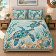 Sea Turtle Coral Reef quilt design with coordinating pillow shams