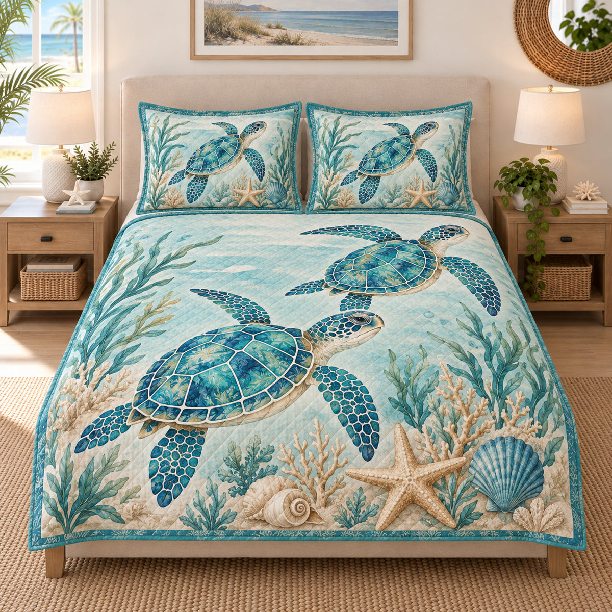 Sea Turtle Coral Reef quilt design with coordinating pillow shams