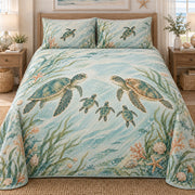 Sea turtle family quilt front with two parents and three hatchlings