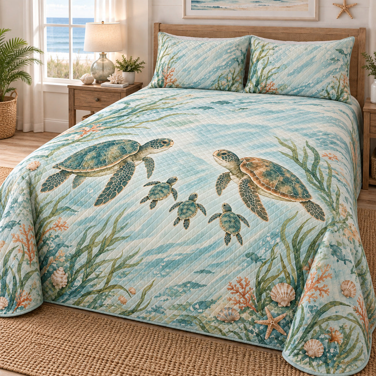 Sea turtle family quilt left view with two parents and three hatchlings