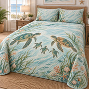 Sea turtle family quilt left view with two parents and three hatchlings