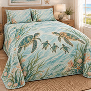 Sea turtle family quilt right view with two parents and three hatchlings