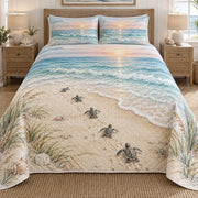 Sea turtle hatchlings beach quilt front hero view