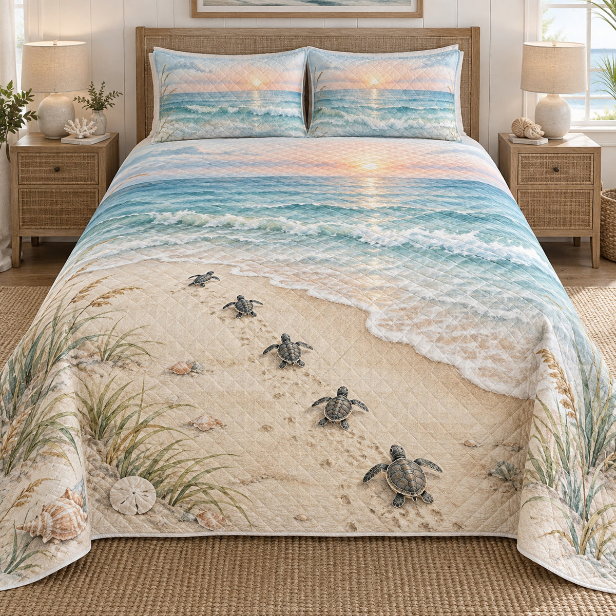 Sea turtle hatchlings beach quilt front hero view