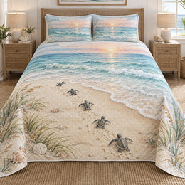 Sea Turtle Hatchlings Quilt Set | Beach Bedding Gift for Ocean Lovers