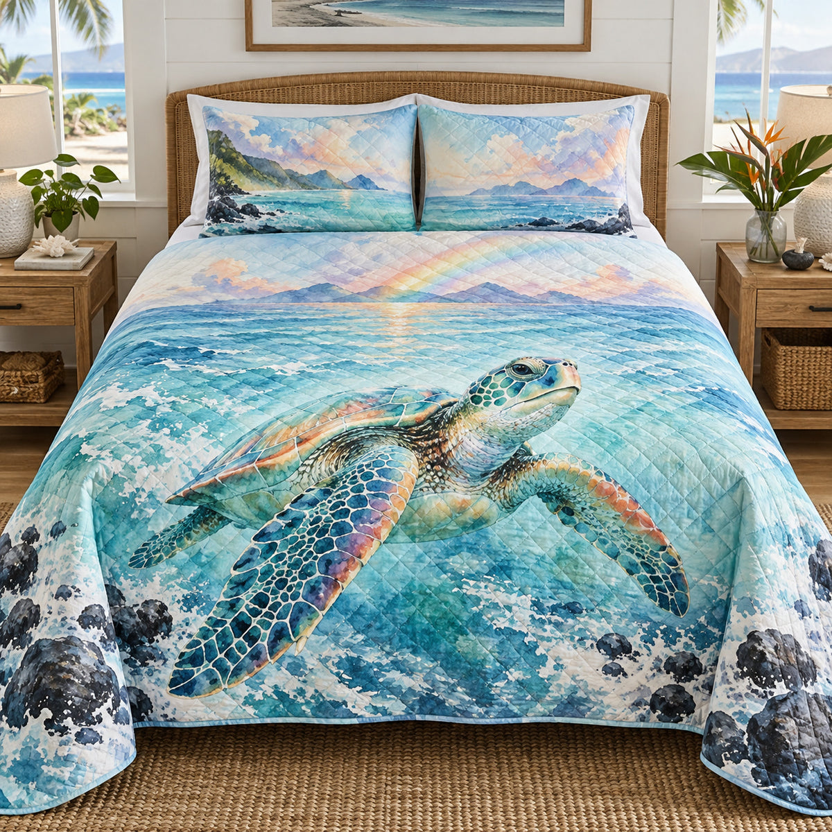 Island rainbow sea turtle quilt set front view