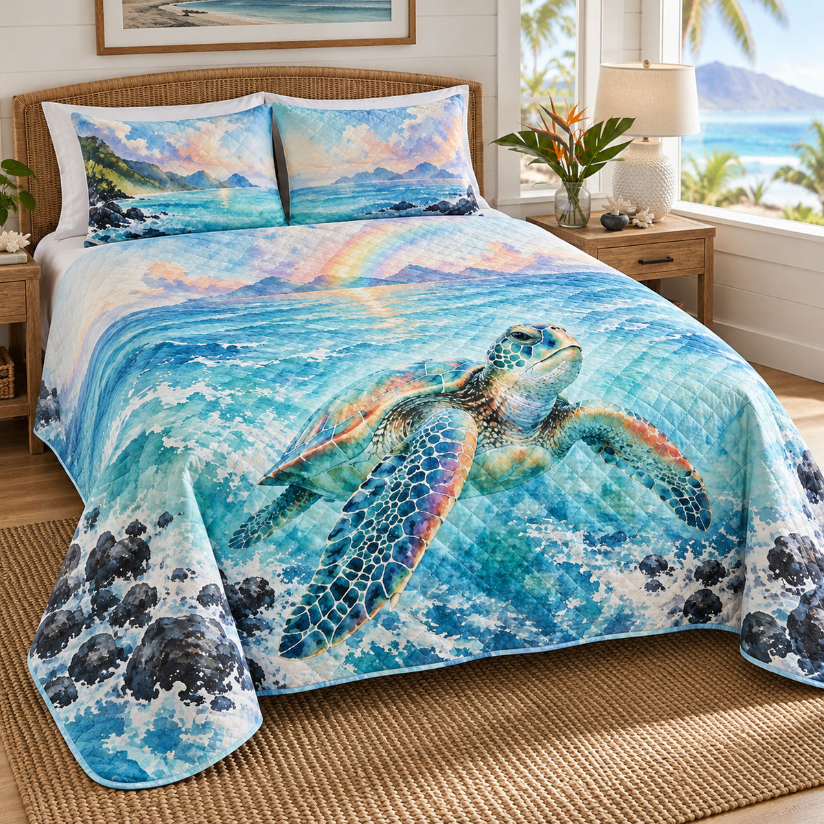 Island rainbow sea turtle quilt left angle